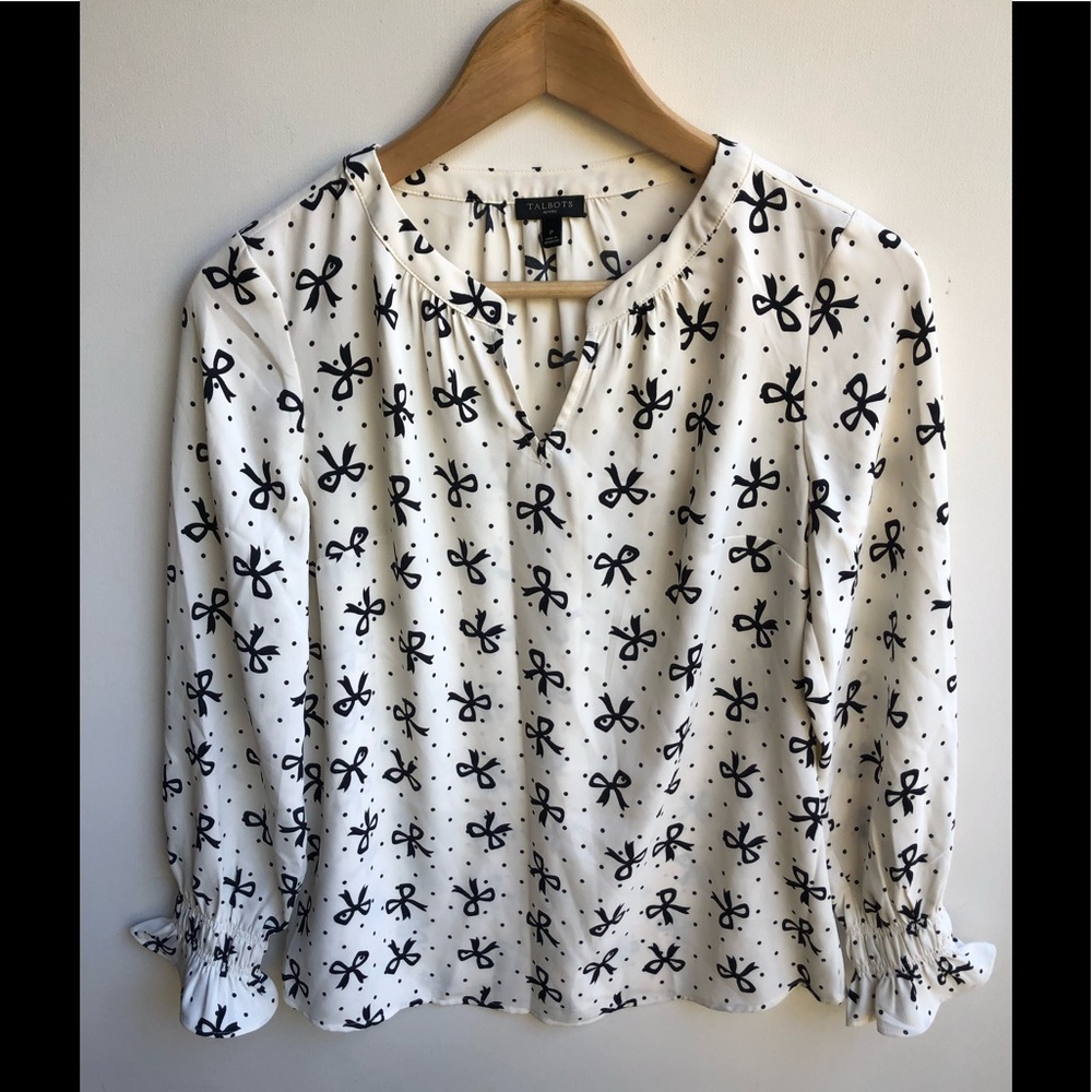 Talbots Petites Ivory Bow Ribbon Print Long Sleeve Elastic Cuff Spit Neck Top.